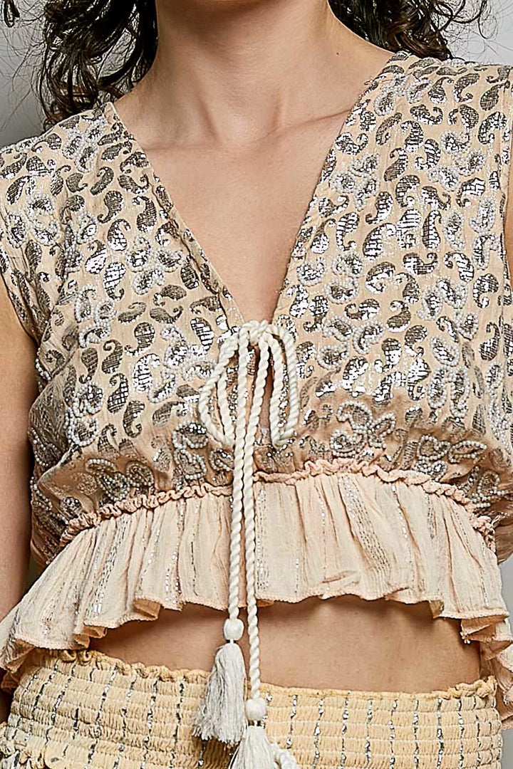 POL Shimmer Pattern Deep V Tie Front Tassel Ruffle Hem Sleeveless Crop Top