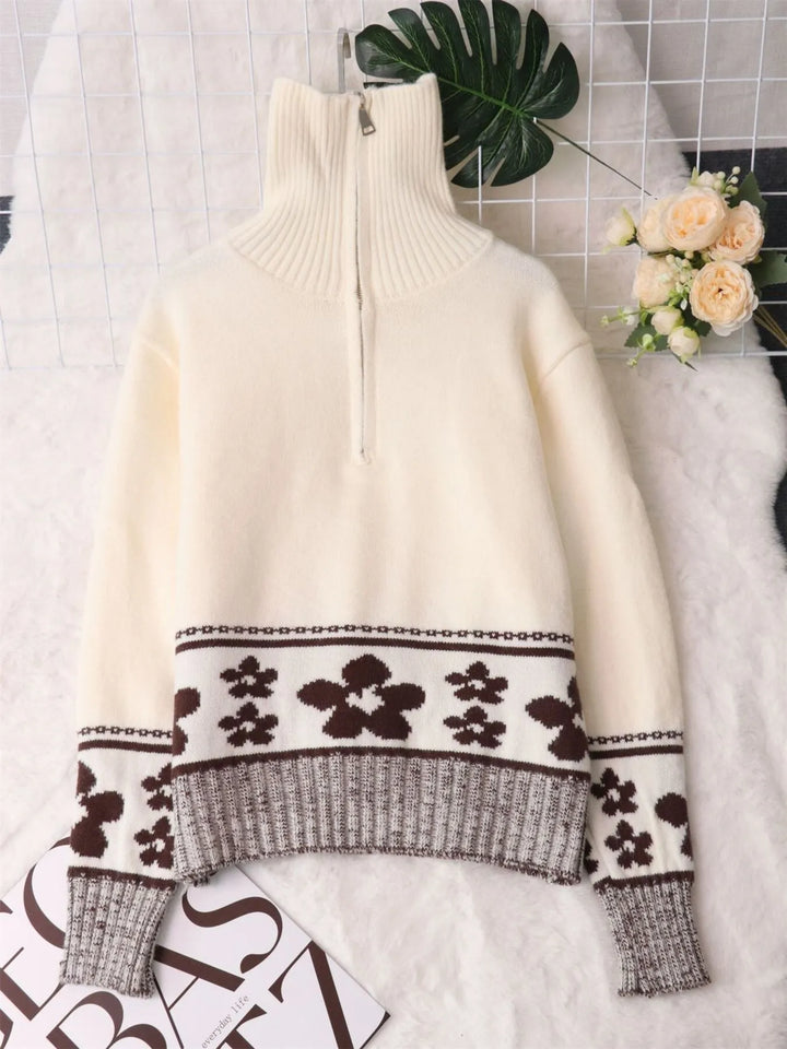 Flower Zip Collar Long Sleeve Sweater