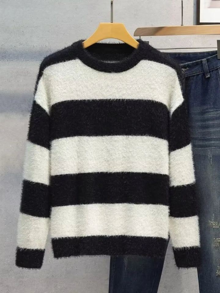 Men's Plus Size Striped Fuzzy Knit Pullover Sweater