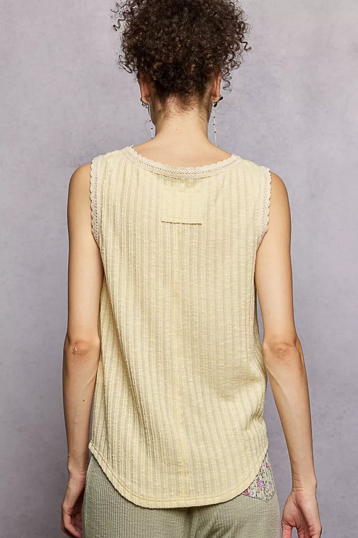 POL Ribbed Round Neck Tank with Lace Trim