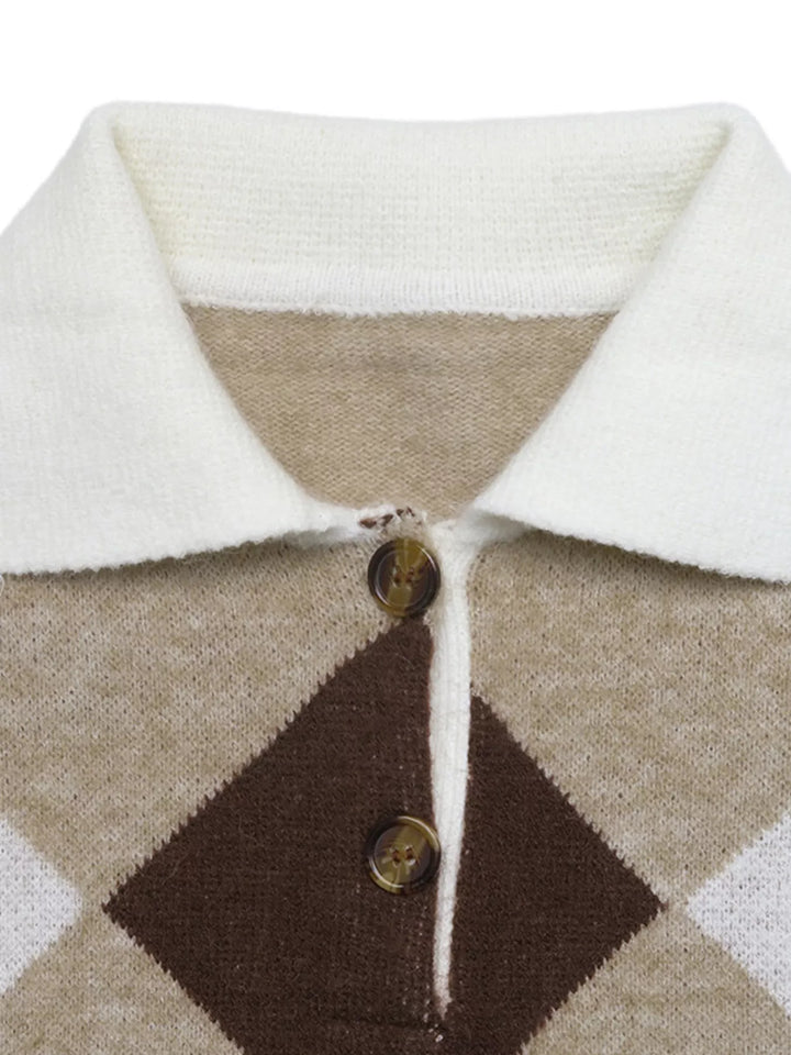 Argyle Patterned Polo Collar Sweater