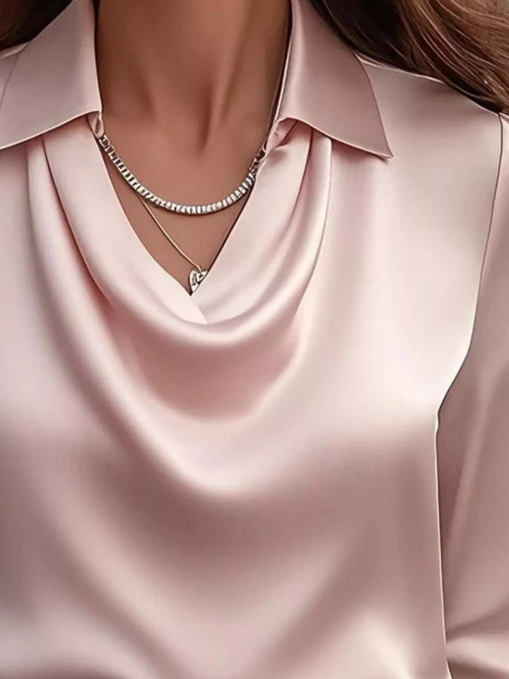 Ruched Long Sleeve Drape Collar Blouse