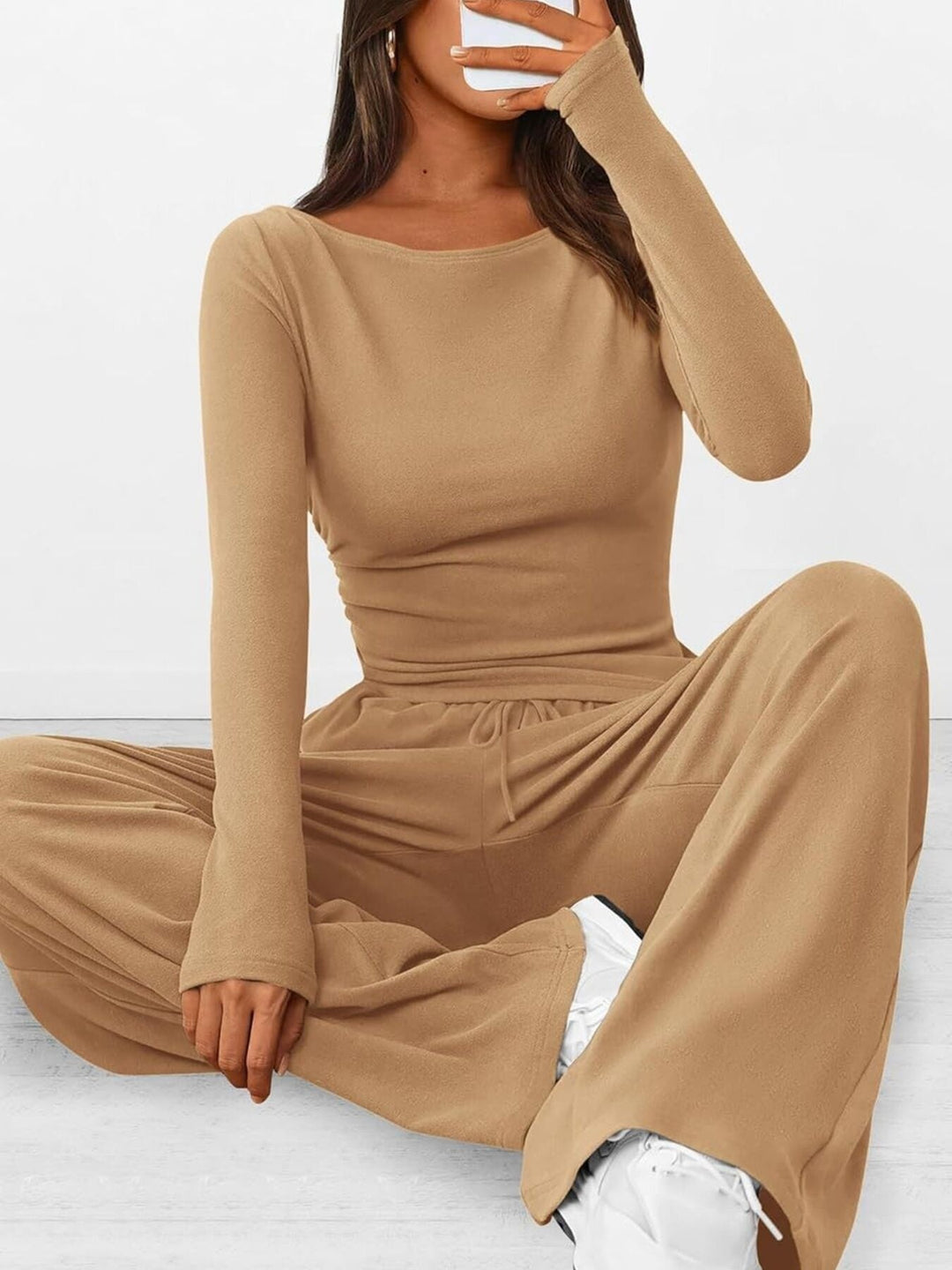 Round Neck Long Sleeve Top and Pants Set