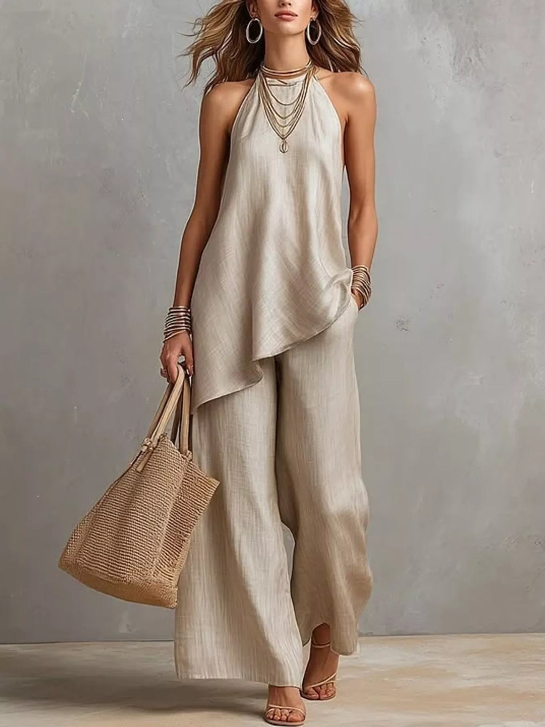 Full Size Asymmetrical Hem Cami and Wide Leg Pants Set Plus Size