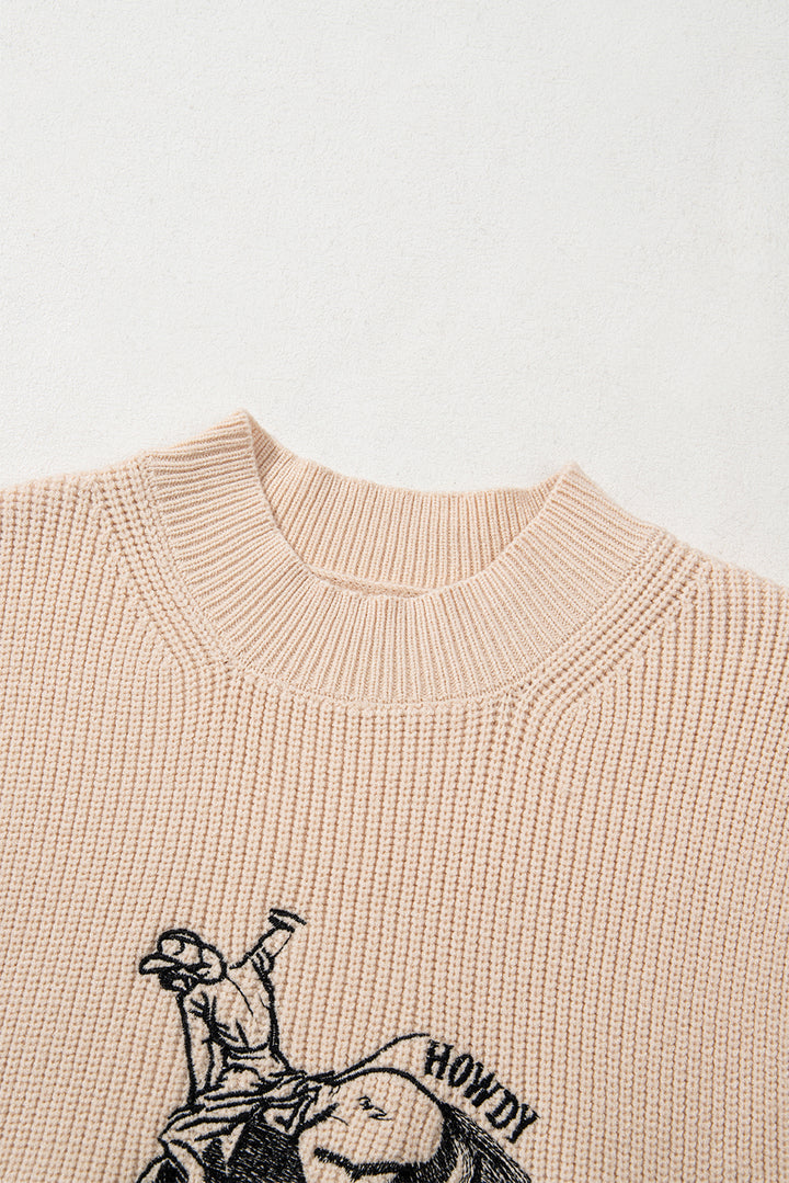 Oatmeal HOWDY Rodeo Cowboy Graphic High Neck Short Sleeve Sweater