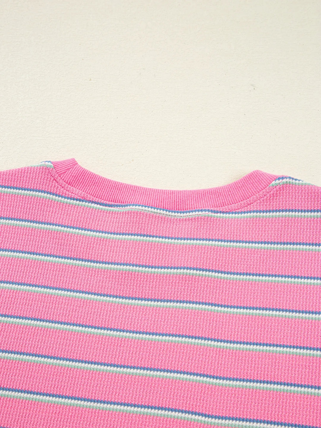 Stripe Textured Knit Round Neck Puff Sleeve Top