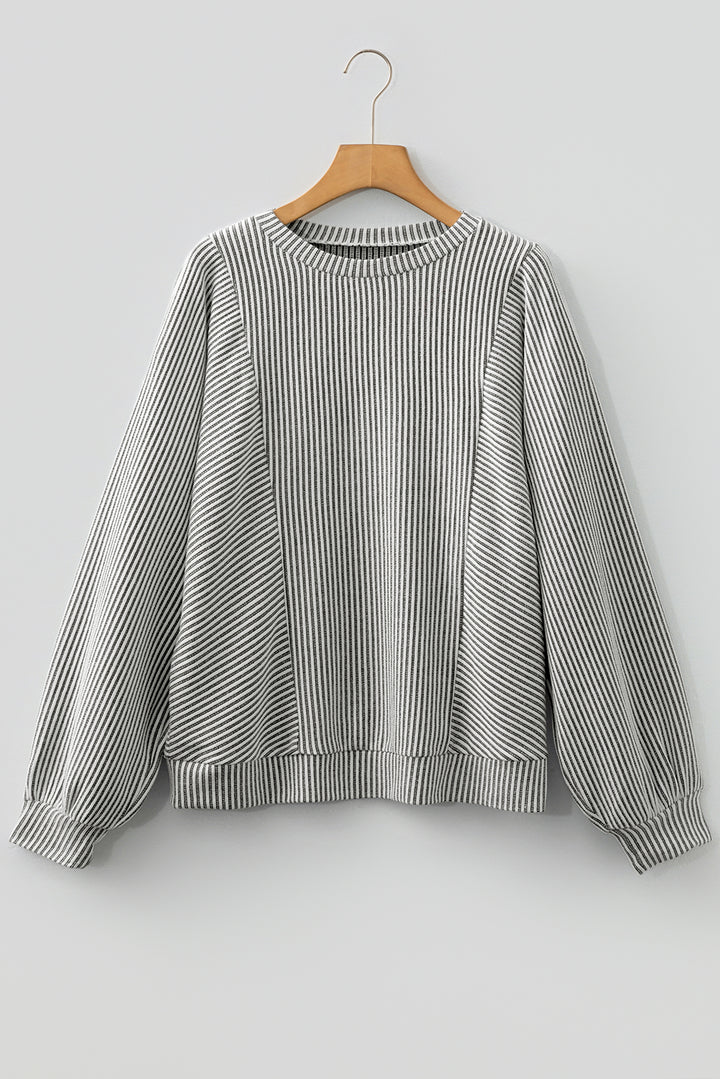 Gray Ribbed Knit Round Neck Long Lantern Sleeve Top