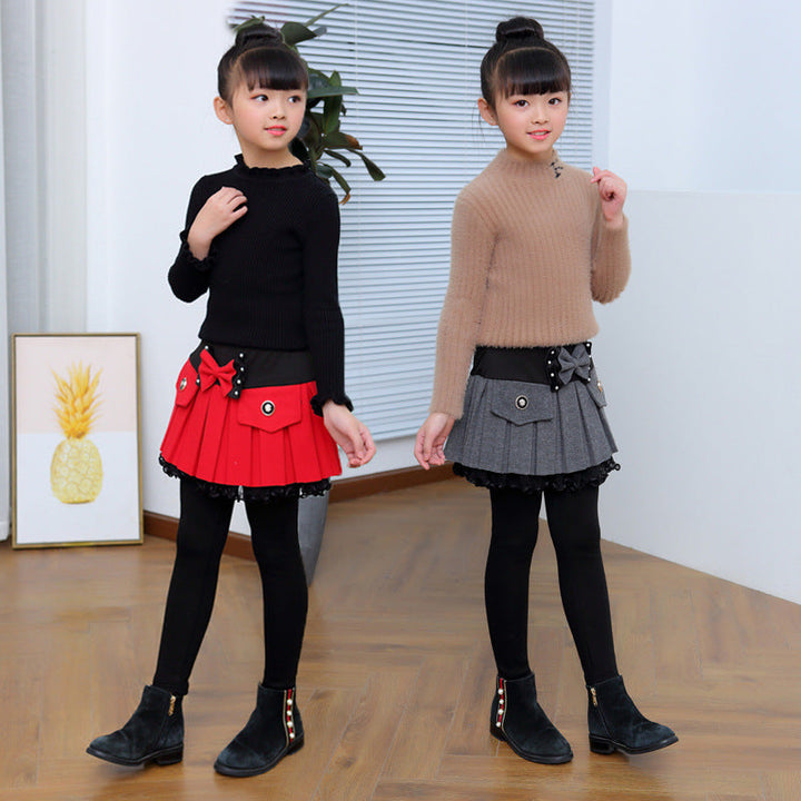 Thickened Fleece-Lined Base Leggings With Beaded Bow In Two Colors