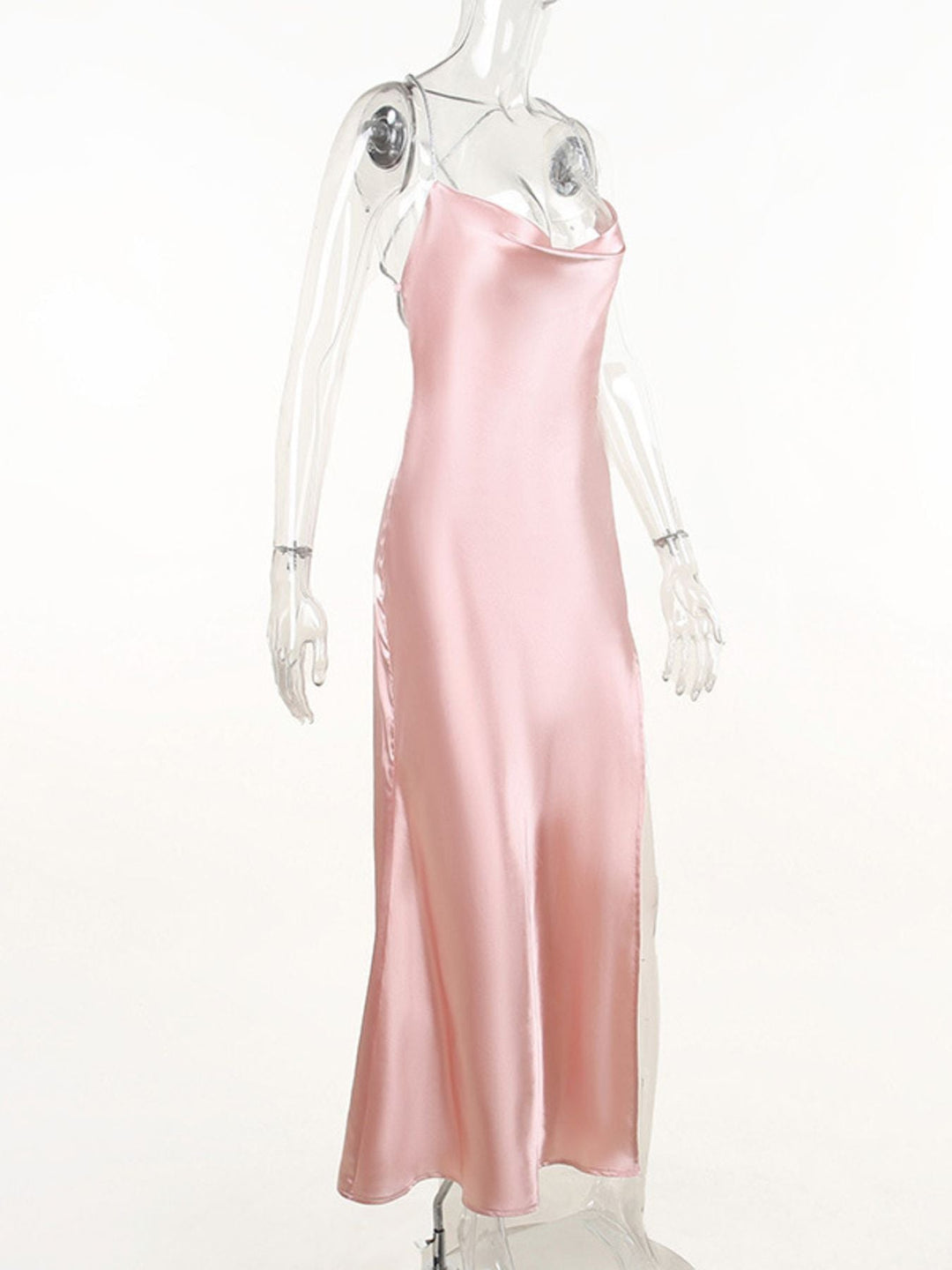 Slinky Satin Cowl Neck High Slit Dress with Back Lace Up