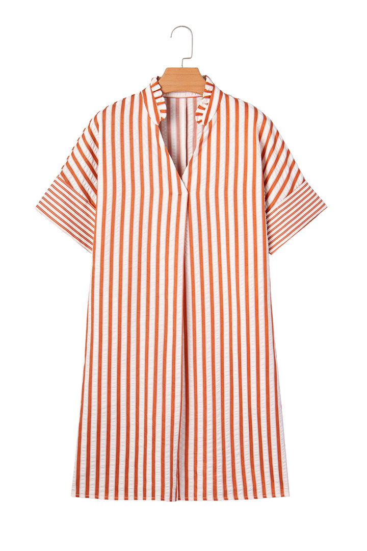 Brown Stripe Pinched V Neck Turn-up Cuffs Shift Mini Dress