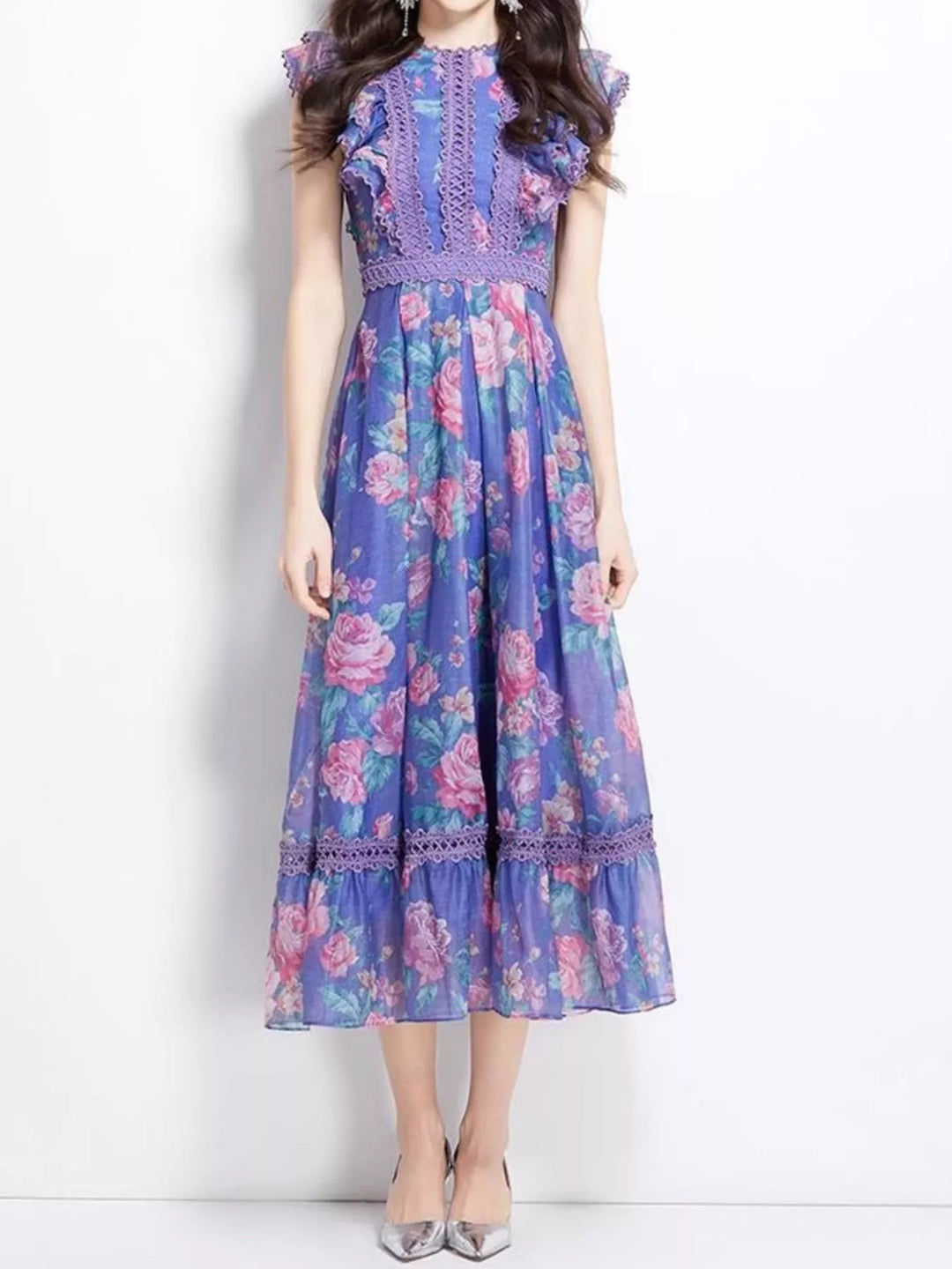 Floral Print Ruffle Sleeve Midi Dress