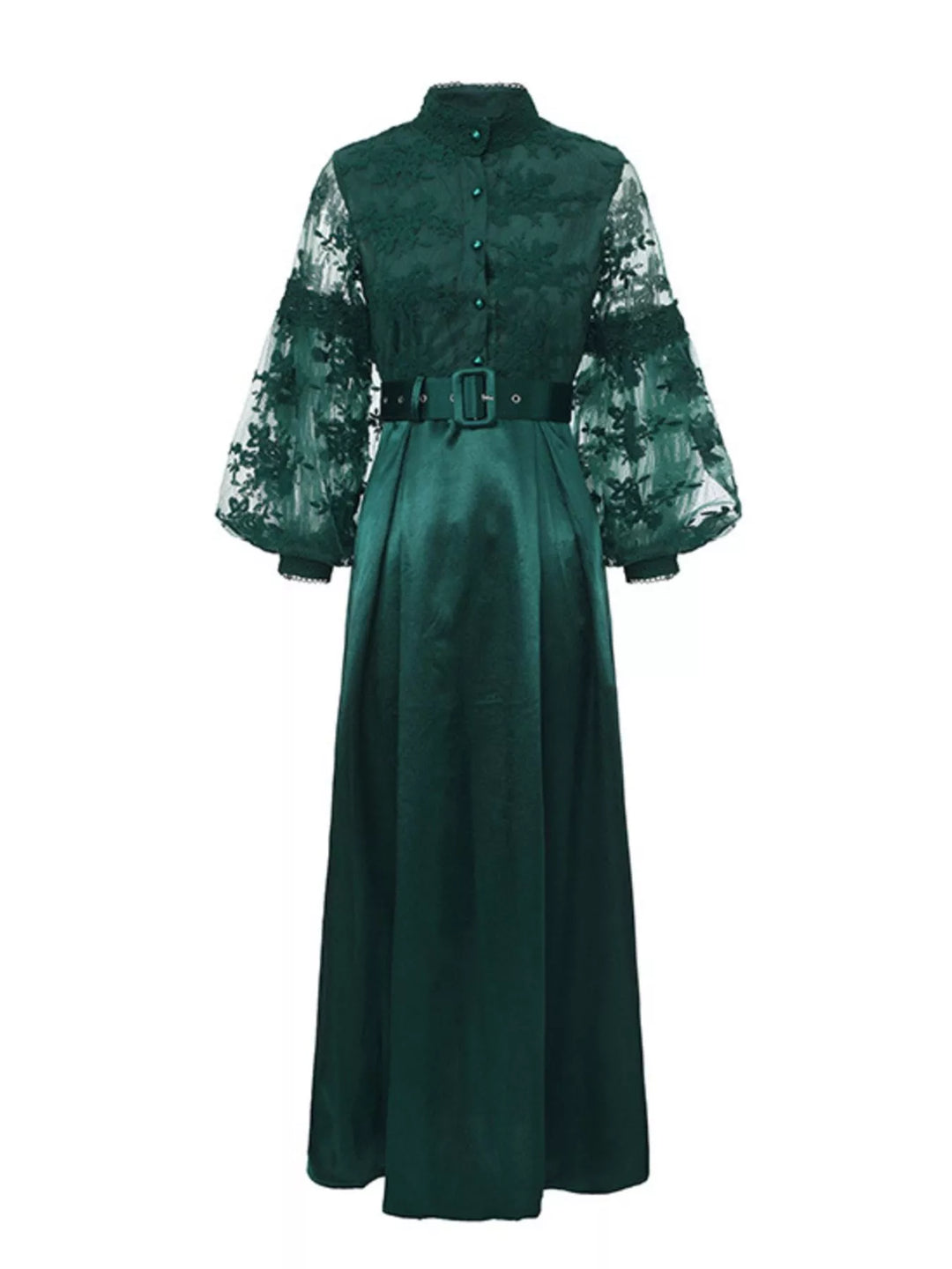 Lace Lantern Sleeve Belted Maxi Dress