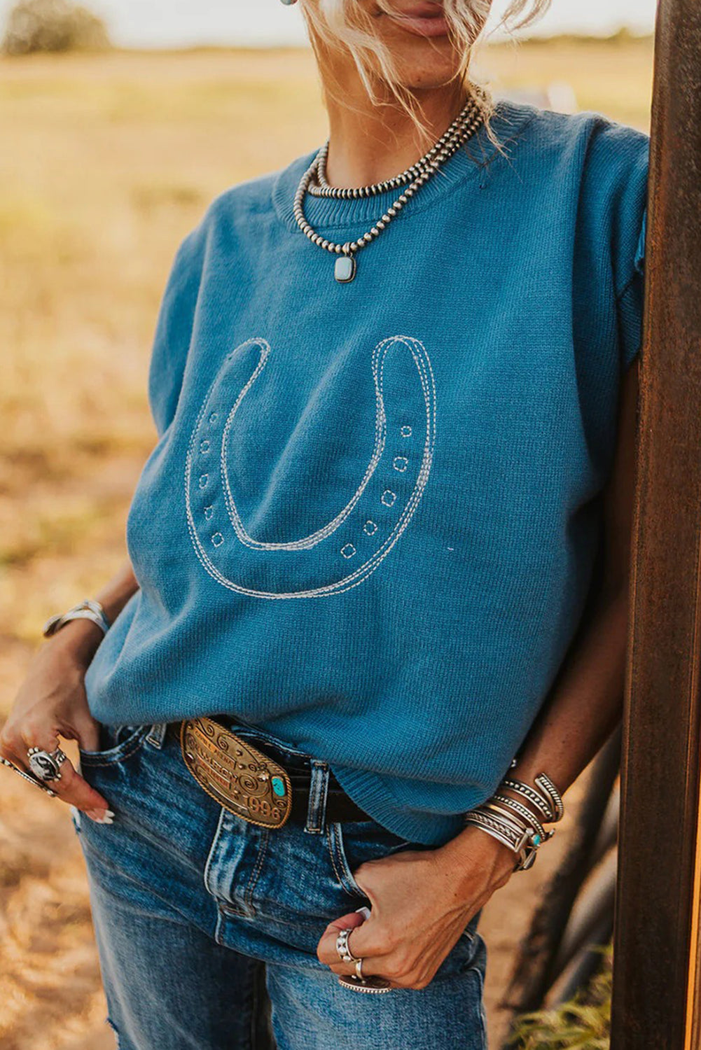 Light Blue Horse Shoe Embroidered Loose Short Sleeve Sweater