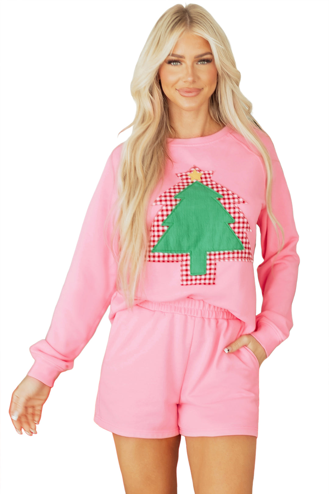 Sachet Pink Plaid Contrasted Double Christmas Tree Patched Raglan Sleeve Pullover 2pcs Short Set