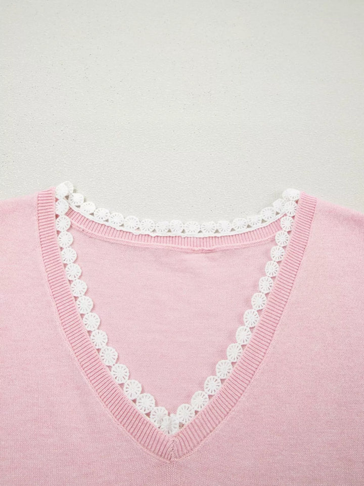Lace V Neckline Short Sleeve Sweater