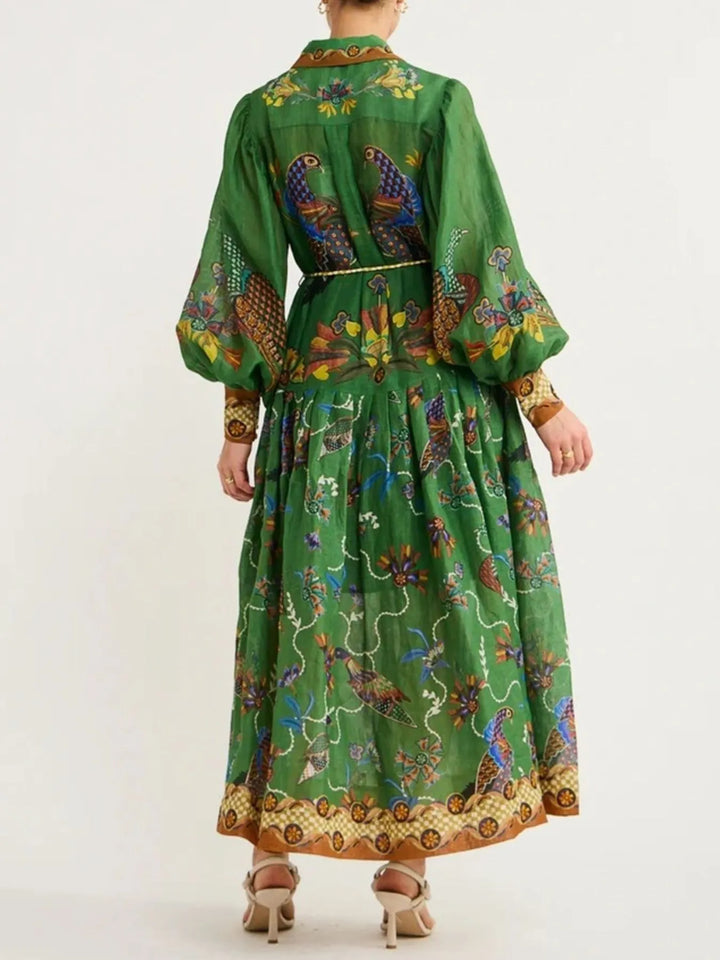 Printed Lantern Sleeve Maxi Shirt Dress