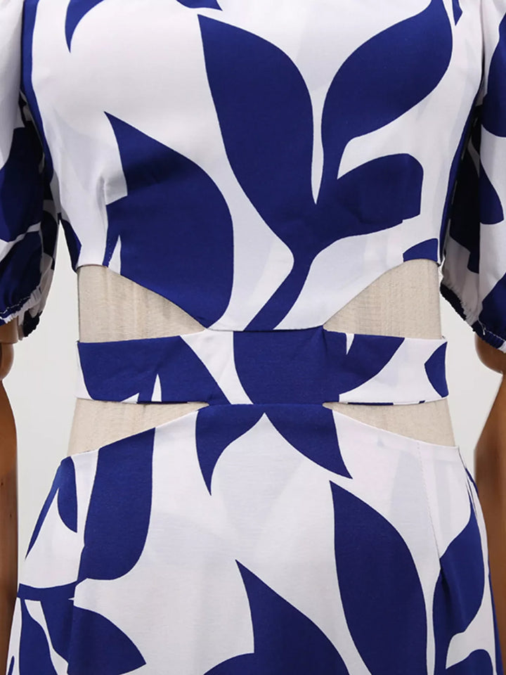 Off-Shoulder Cutout Leaf Print Maxi Dress