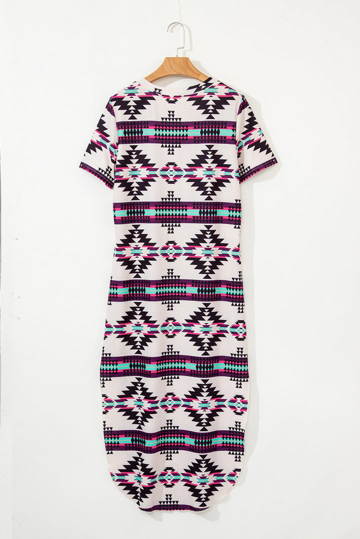 Beige Western Aztec Printed Long T-shirt Dress