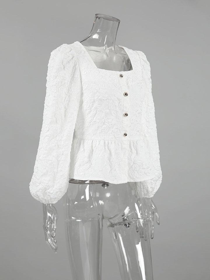 Textured Square Neck Balloon Sleeve Shirt