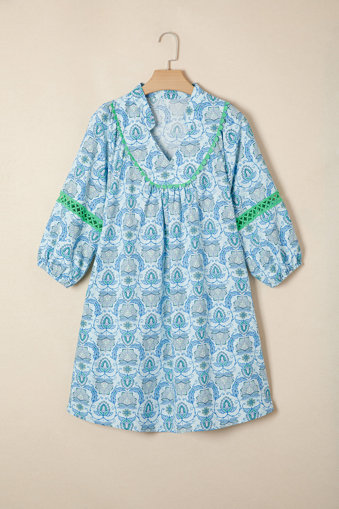 Sky Blue Boho Paisley Print Contrasted Patchwork Detail Bracelet Sleeve Loose Mini Dress