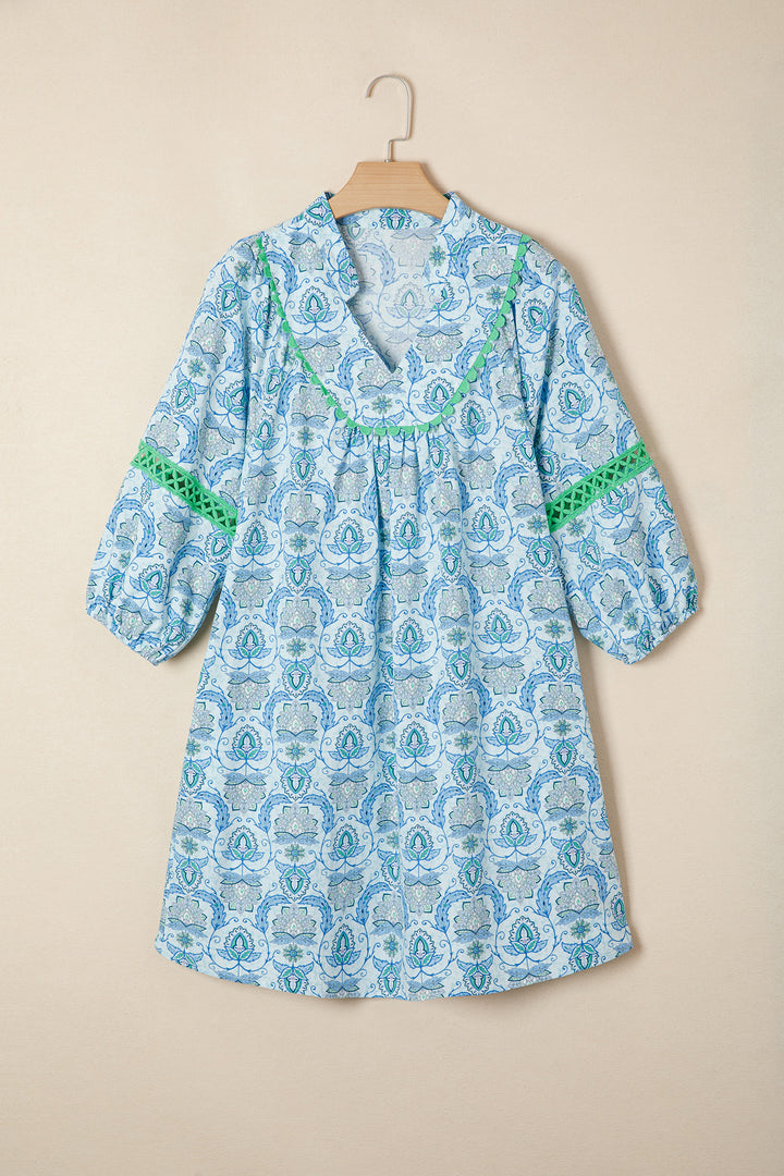 Sky Blue Boho Paisley Print Contrasted Patchwork Detail Bracelet Sleeve Loose Mini Dress