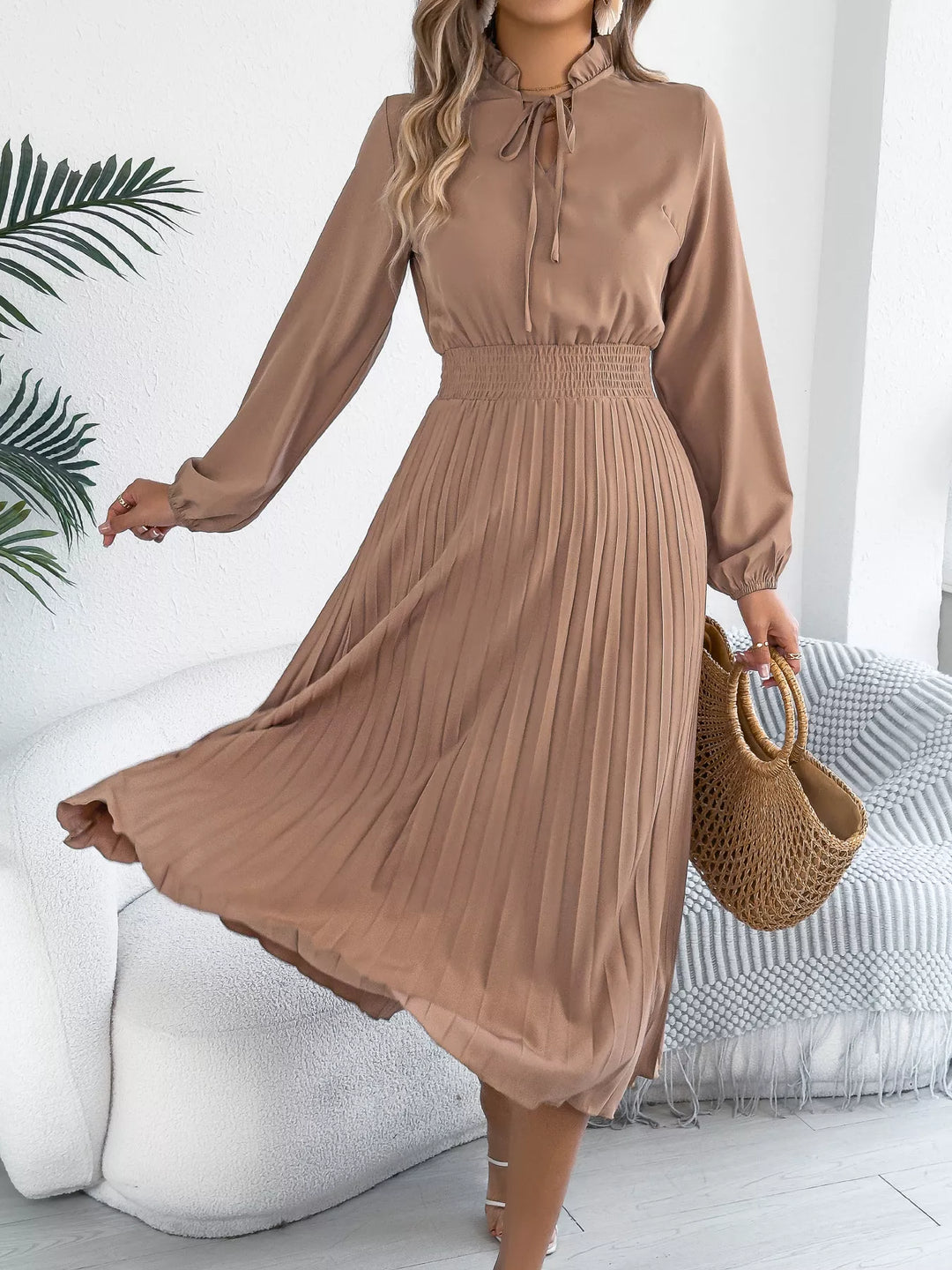 Smocked Pleated Tie Neck Dress