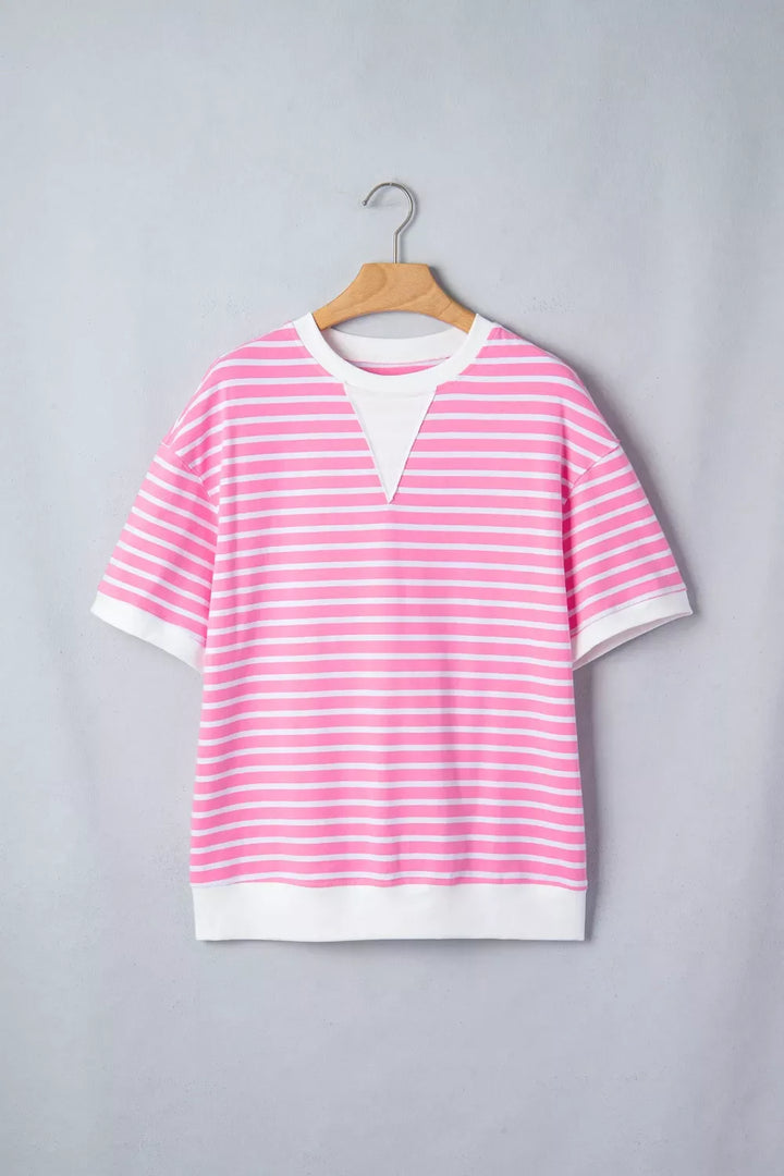 Stripe Round Neck Drop Shoulder Short Sleeve Loose Top