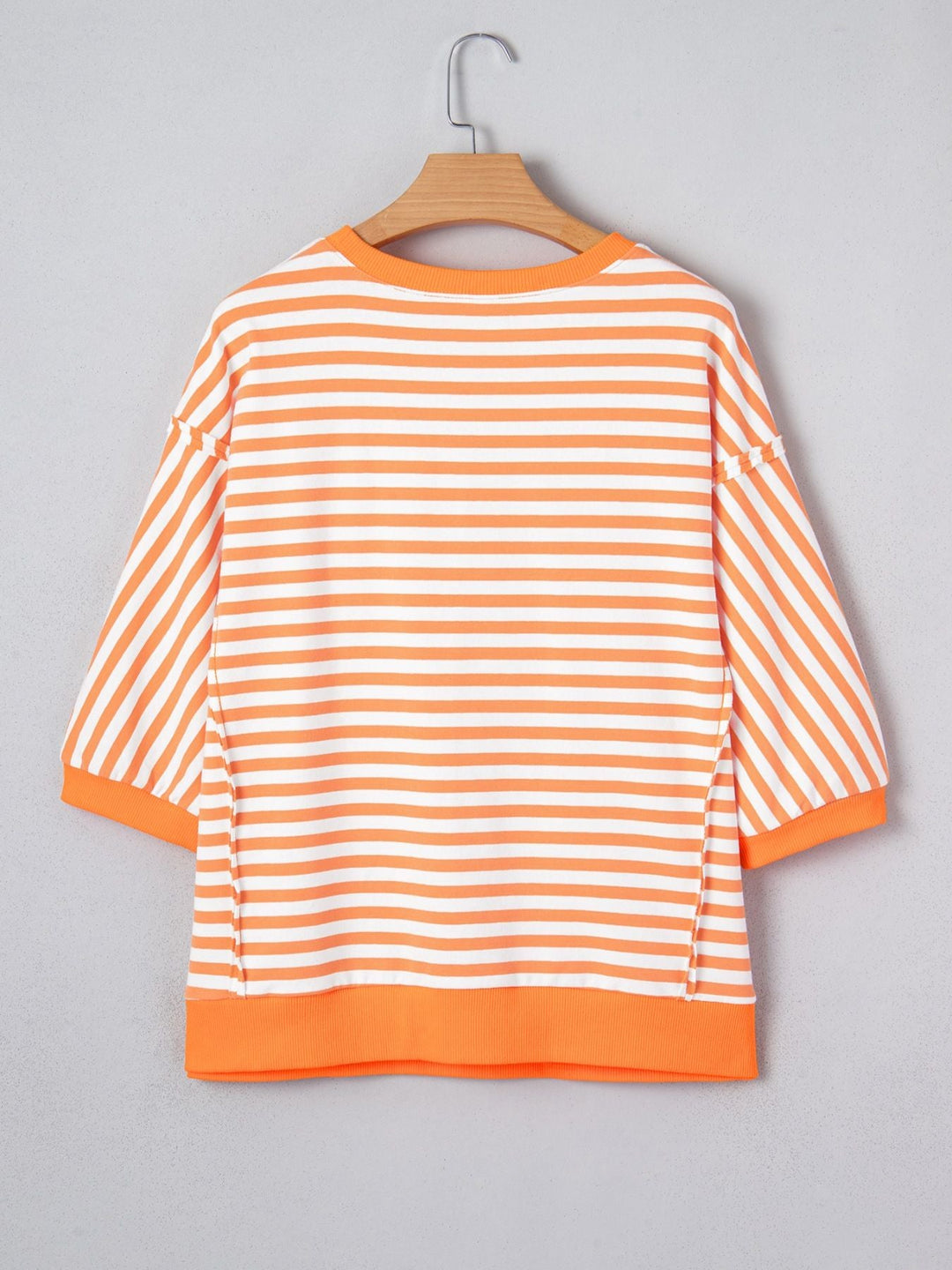 Stripe 3/4 Sleeve Exposed Seam Patchwork Pullover Top