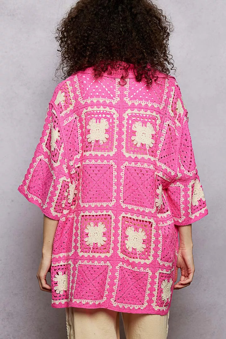 POL Button Down Openwork Floral Crochet Shirt with Granny Square Pattern