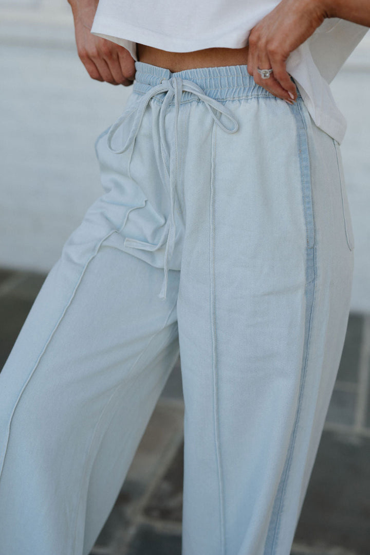 Beau Blue Light Wash Contrast Trim Center Seam Drawstring Elastic Waistband Wide Leg Denim Pants