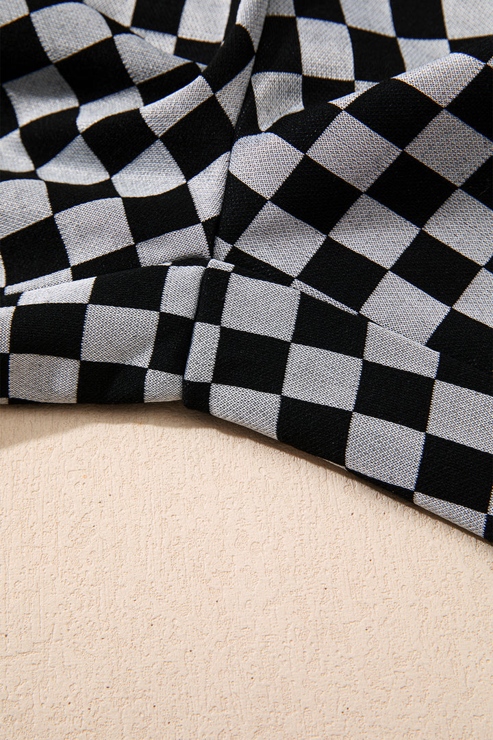 White Checkerboard Drawstring Waist Casual Pants