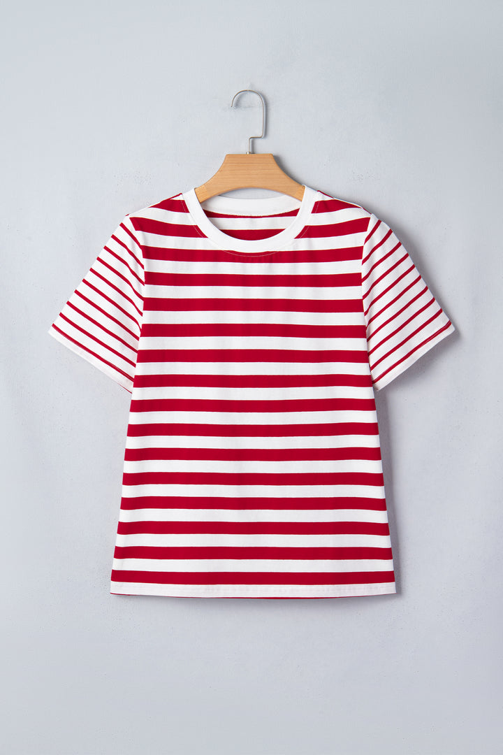 Red Stripe Patchwork Round Neck T Shirt