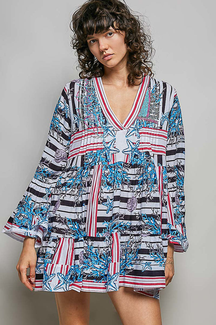 POL Striped Floral Long Sleeve Mini Dress with Pintuck Detail