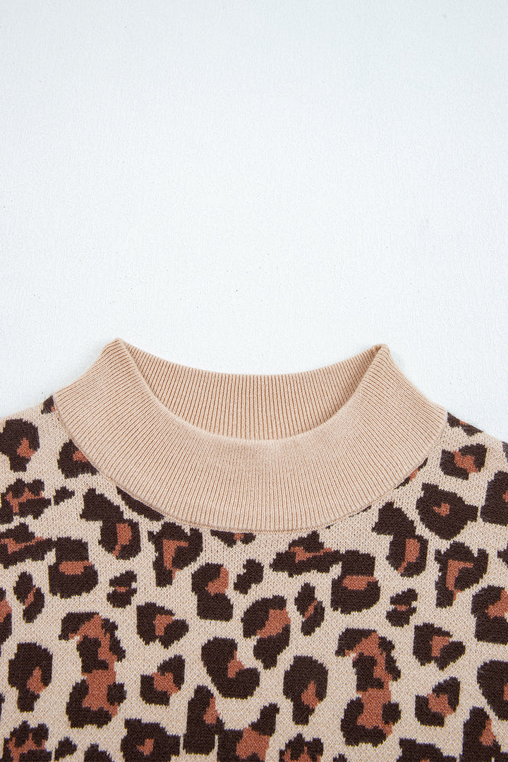 Khaki Leopard Print High Neck Shift Mini Sweater Dress
