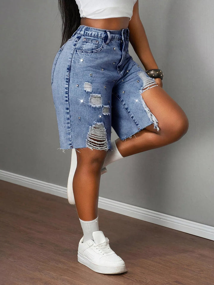 Distressed Rhinestone Denim Shorts