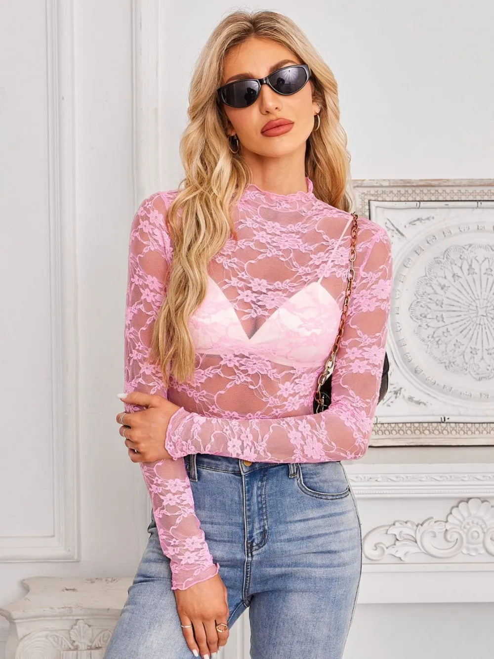 Mock Neck Long Sleeve Lace Sheer Top