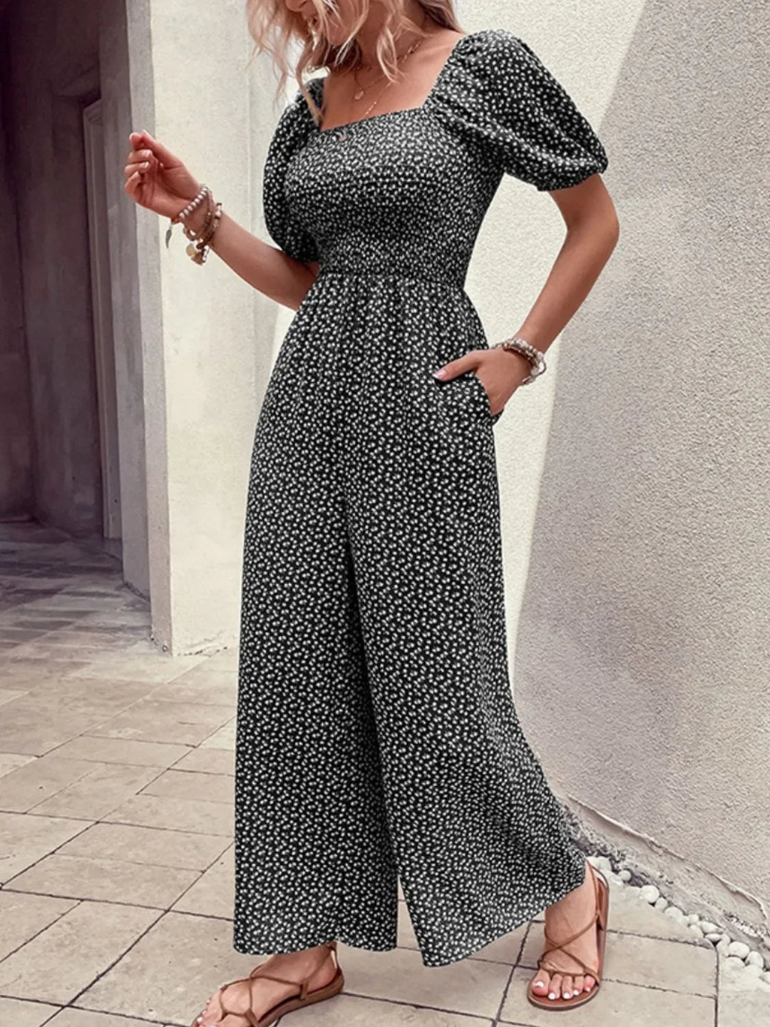 Printed Square Neck Puff Sleeve Jumpsuit