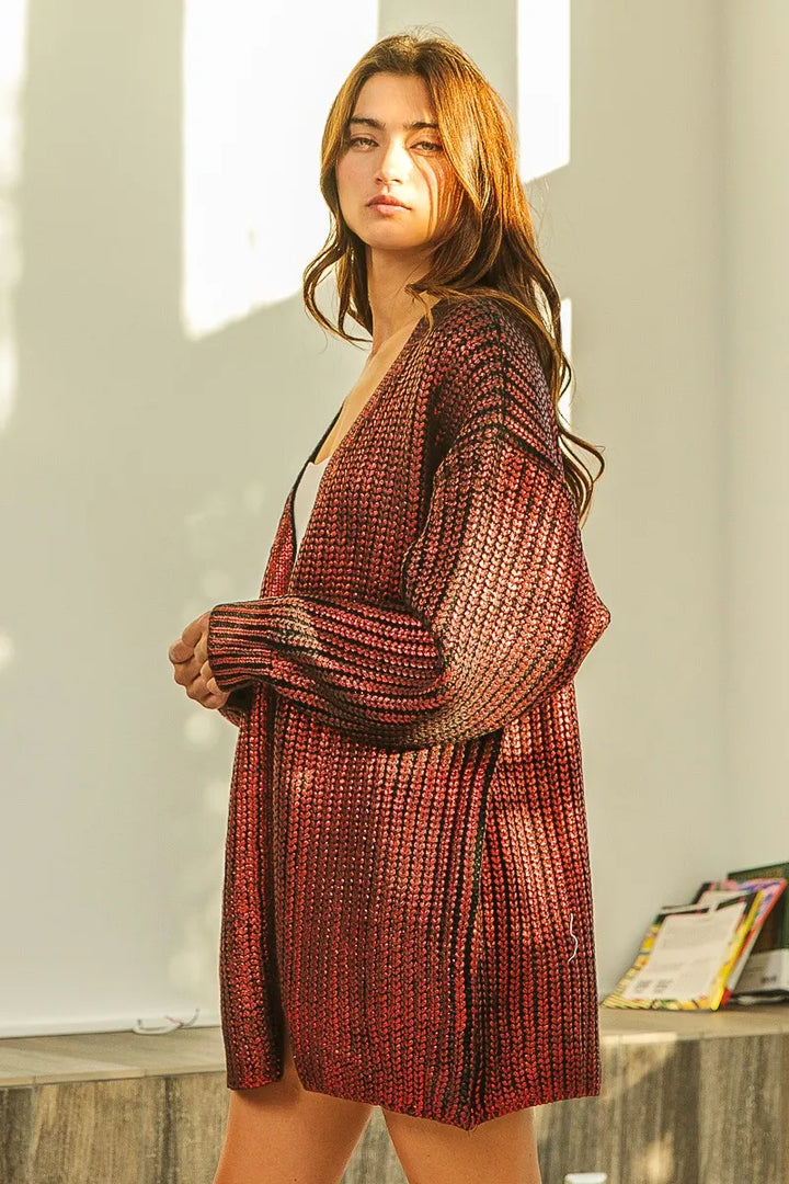 BiBi Metallic Knit V-neck Open Sweater Cardigan