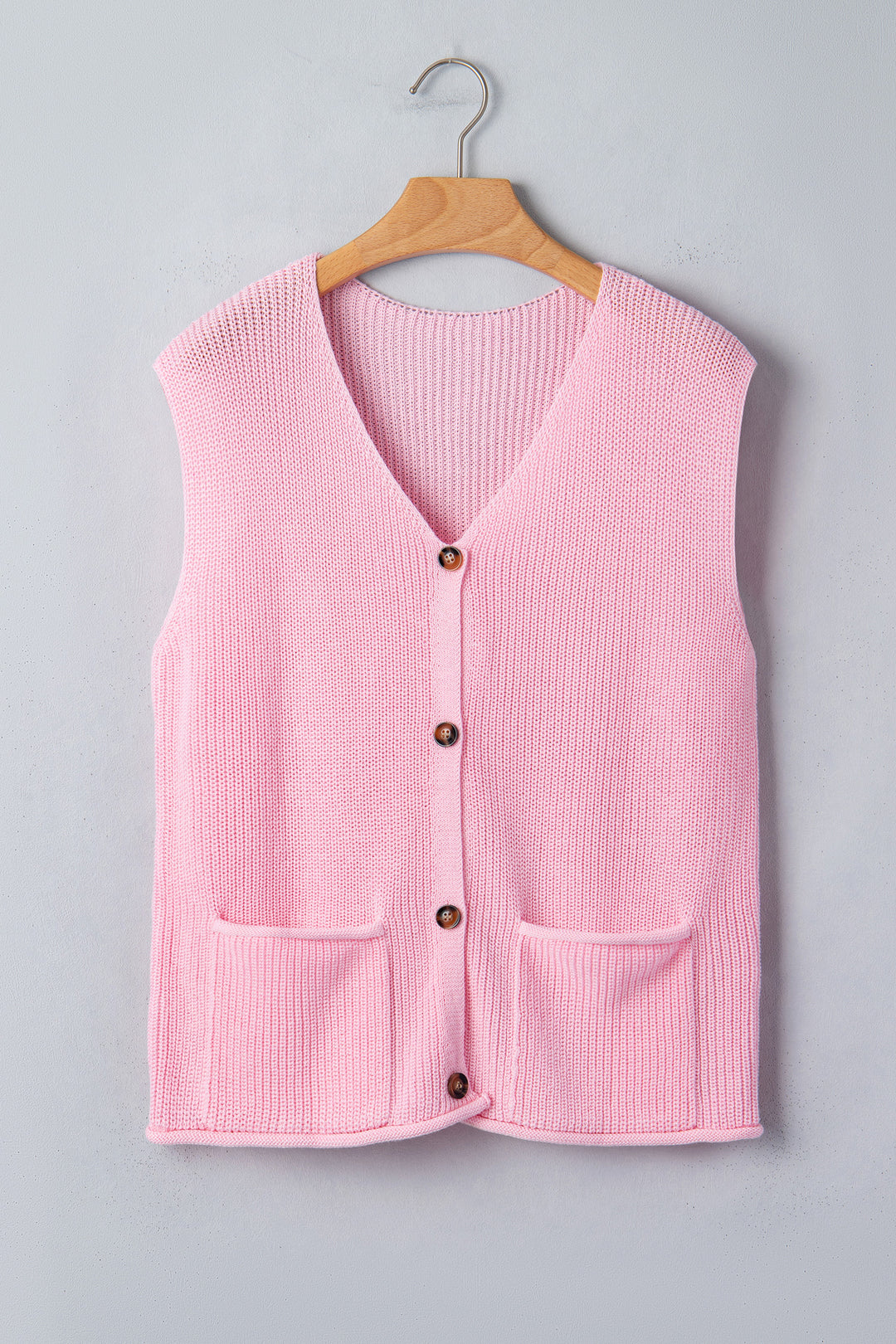 Pink Solid Color Knit V Neck Button Front Sweater Vest