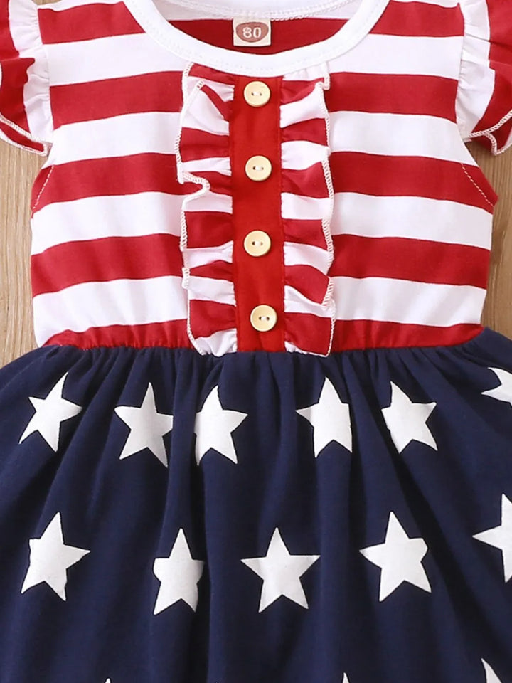 Striped & Stars Ruffled Round Neck Cap Sleeve Dress