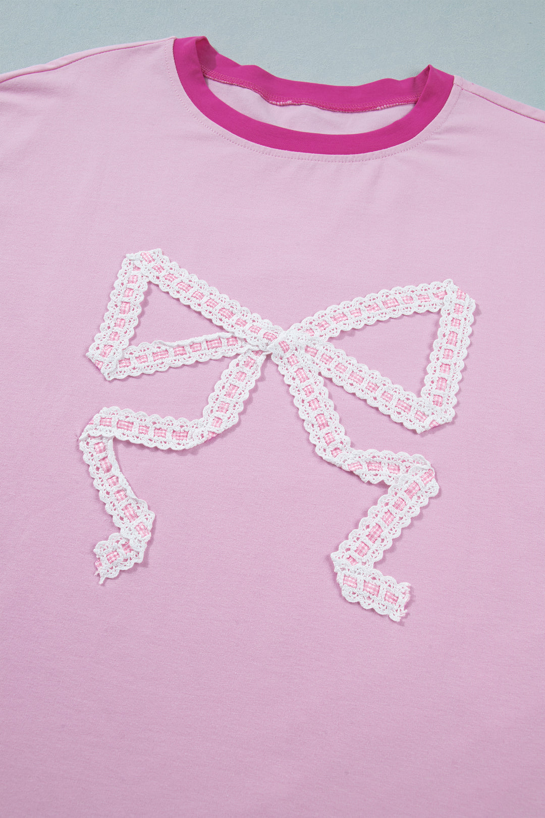 Gossamer Pink Embroidered Bow Detail Color Block Loose Tee