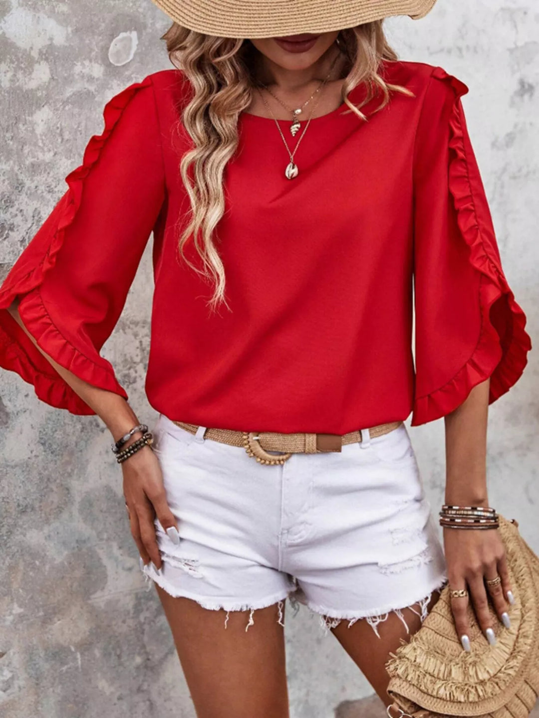 Ruffle Sleeve Solid Color Blouse