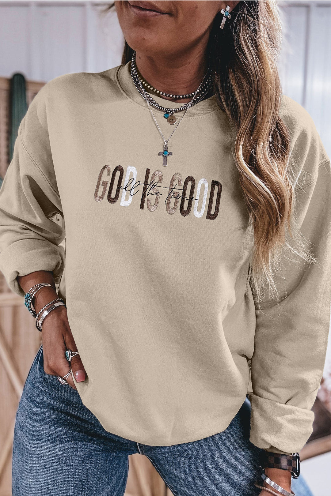 Jet Stream GOD IS GOOD Western Embroidered Letter Crewneck Pullover Sweatshirt