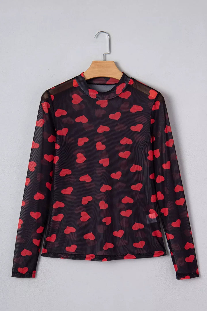 Valentines Heart Printed Sheer Mesh Long Sleeve Top