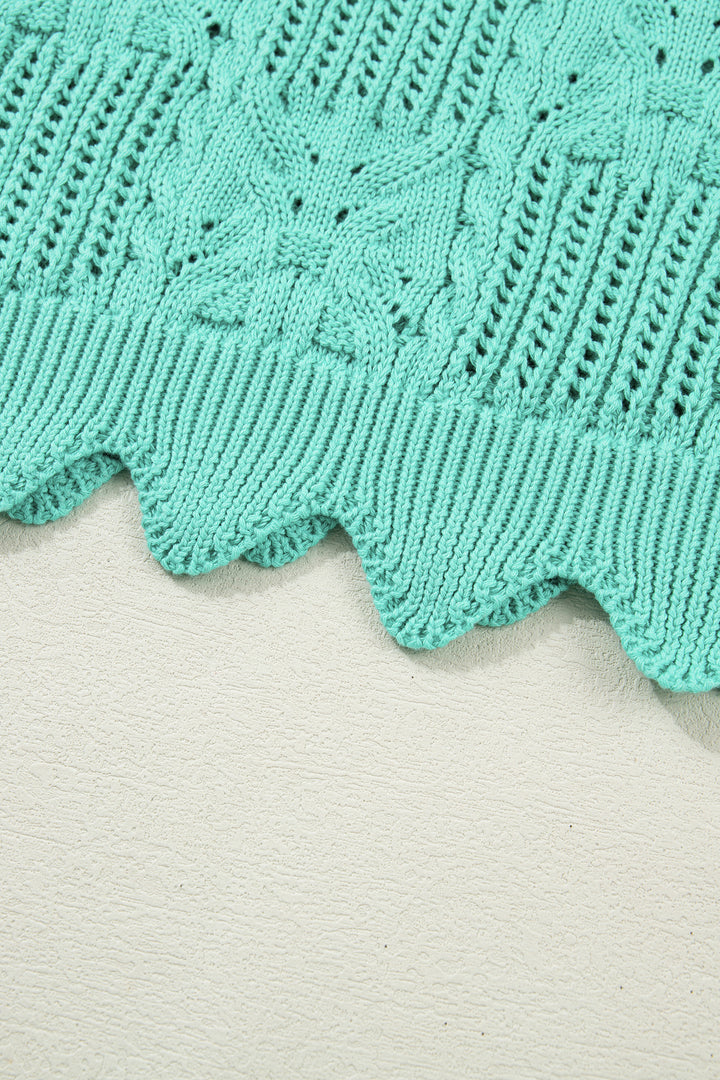 Mint Green Pointelle Knit Patterned Scalloped Trim Short Sleeve Sweater