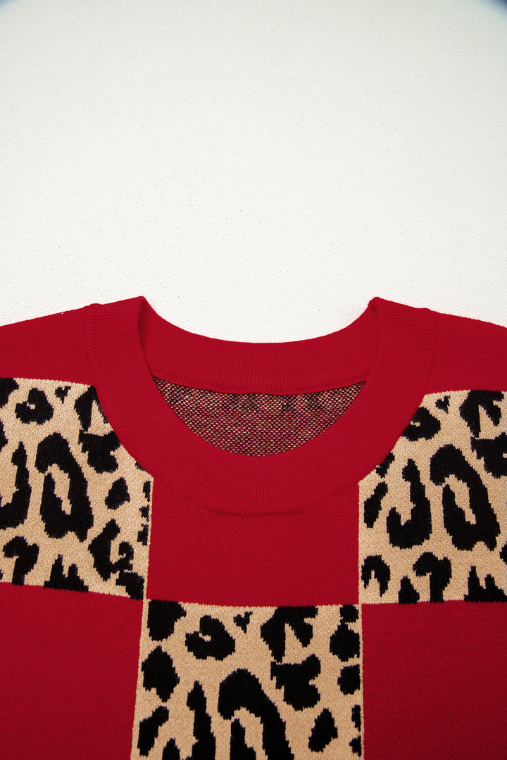 Red Plus Size Leopard Contrasted Checkered Short Sleeve Sweater