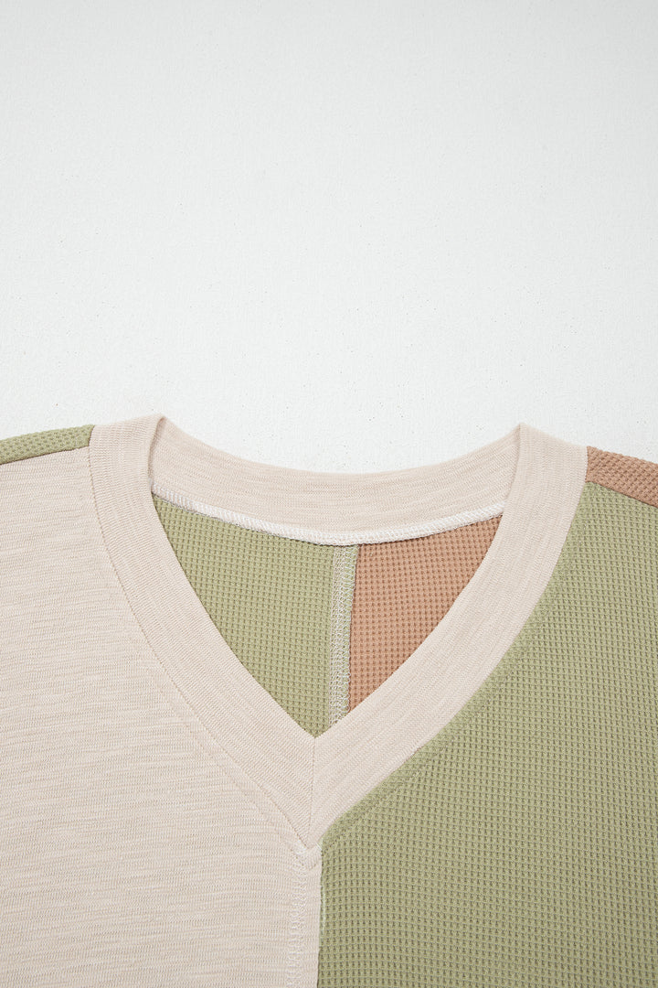 Green Plus Mixed Texture Color Block Patchwork V Neck Long Sleeve Top