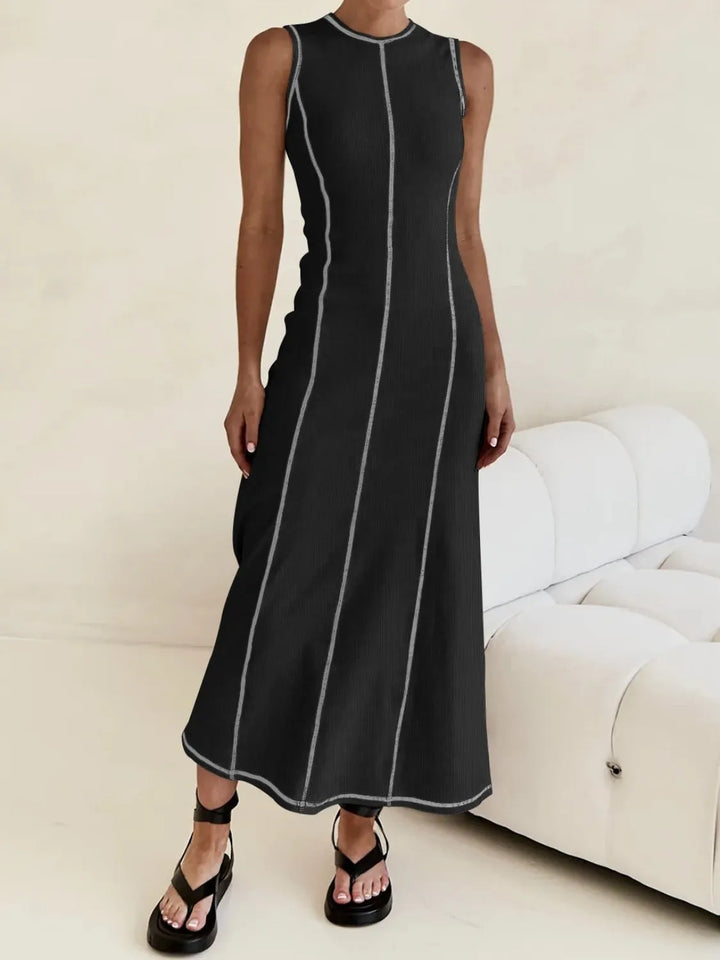 Contrast Stitching Round Neck Sleeveless Midi Dress