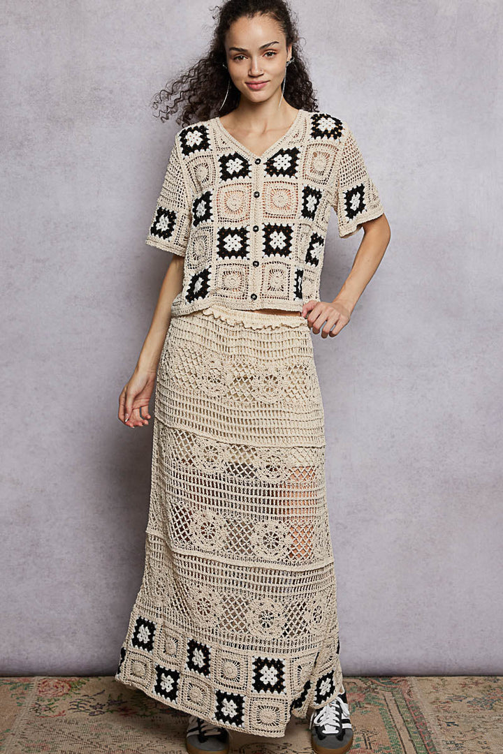 POL Floral Crochet Ruffled Waistband Maxi Skirt with Granny Square Weave