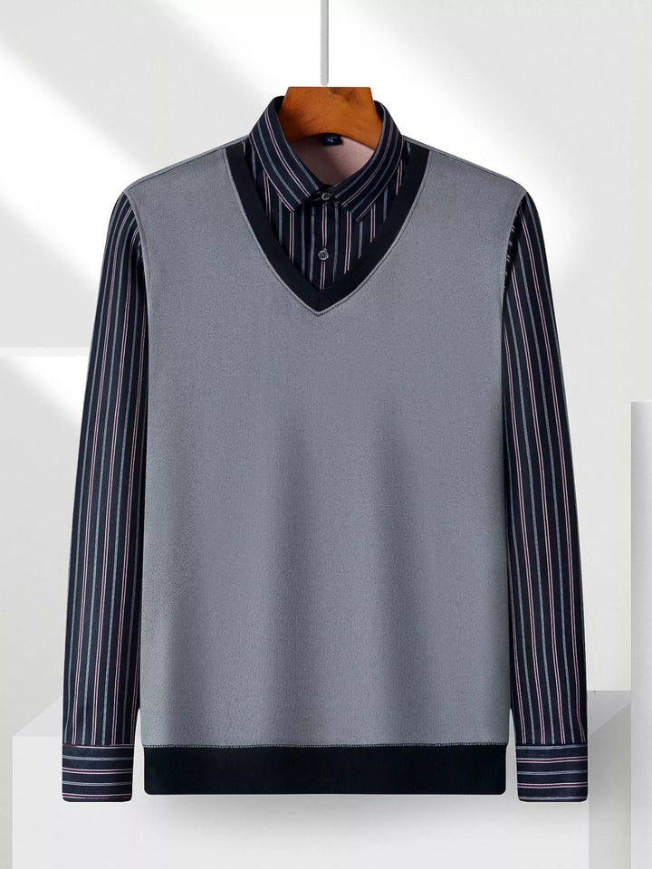 Men's Plus Size Striped Long Sleeve Fake Two-Piece Knit Top